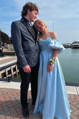 Light Blue Sweetheart Long Prom Dress with Detachable Sleeves