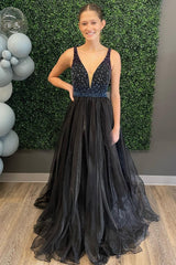 Black Beaded Open Back Long Formal Gown