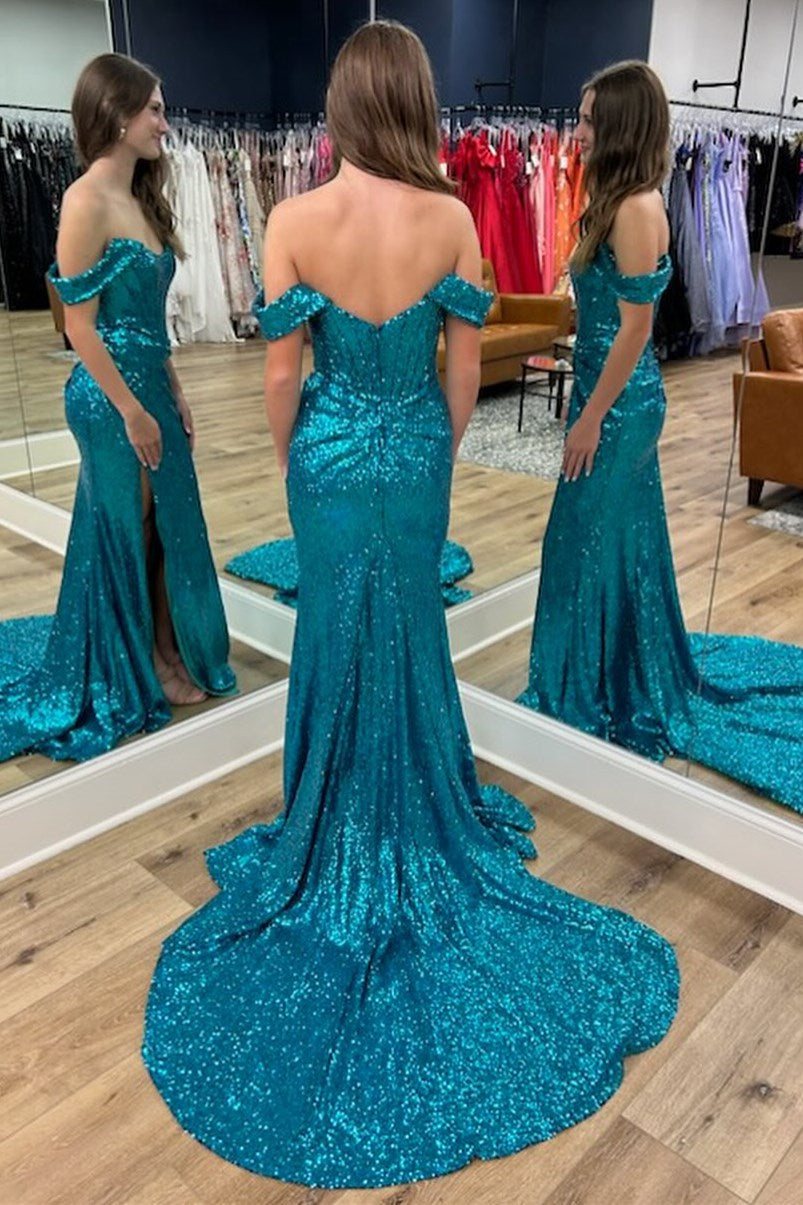 Royal Blue Sequin Off-the-Shoulder Mermaid Long Prom Dress with Slit