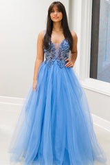 Blue Tulle Beaded Plunge V A-Line Long Formal Dress