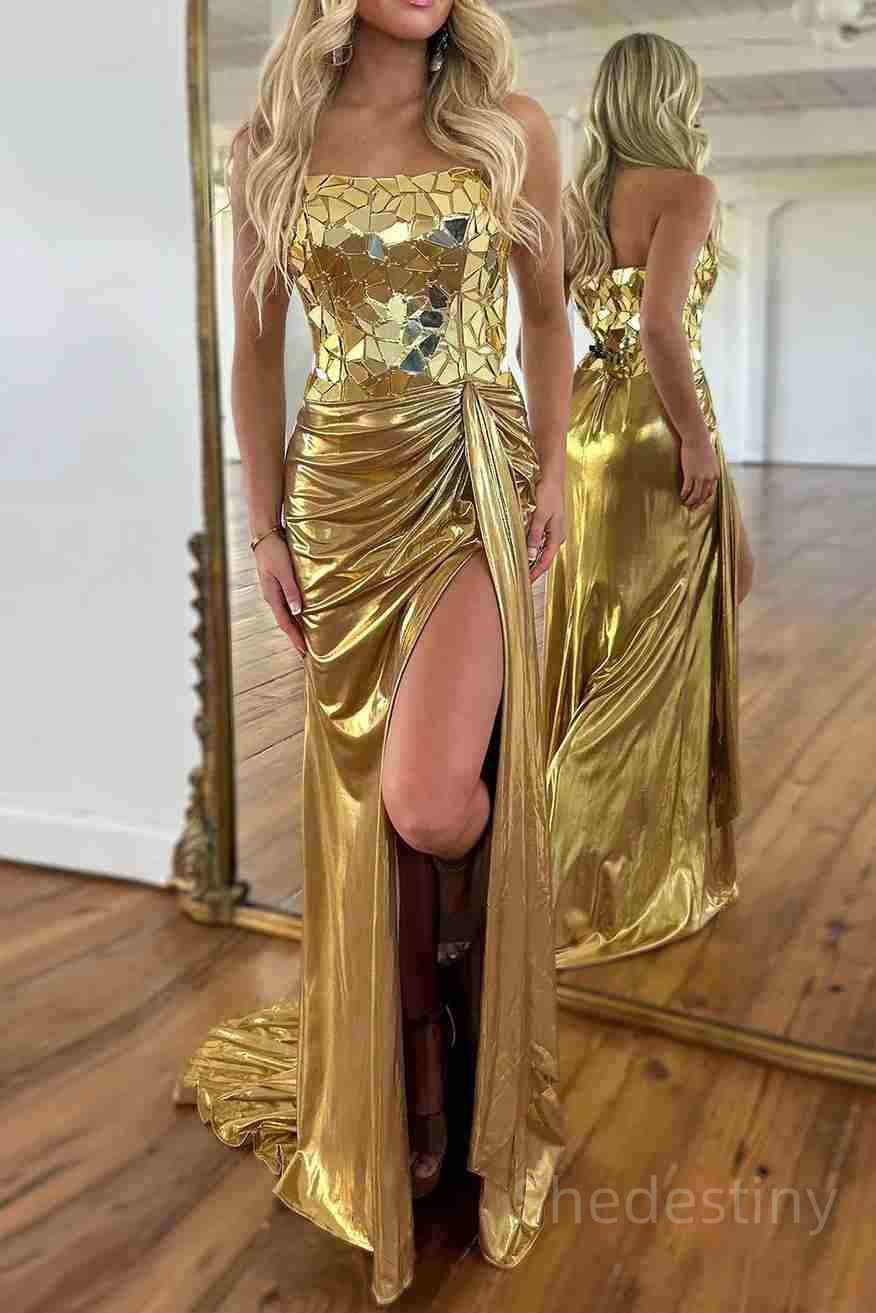 Gold Cut Glass Mirror Strapless Side Slit Long Prom Dress