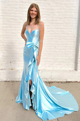 Hot Pink Spaghetti Straps Mermaid Satin Long Corset Prom Dress with Bow