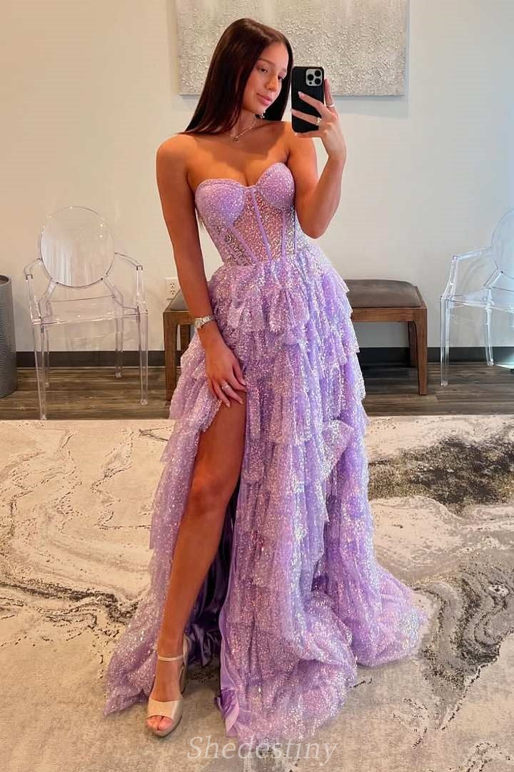 Lilac Sweetheart Sheer Corset Glitter Tiered Prom Dress with Slit