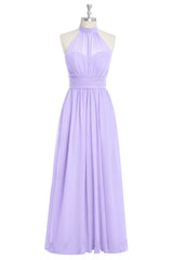 Lavender Halter Bow Tie A-line Chiffon Long Bridesmaid Dress with Slit