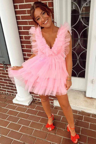 Pink V-Neck A-Line Ruffle Tulle Short Homecoming Dress