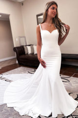 Ivory Sweetheart Backless Mermaid Long Wedding Dress with Attached Train