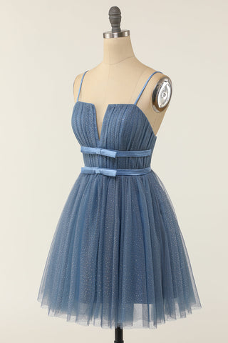 Smoky Blue Tulle Spaghetti Strap A-Line Homecoming Dress