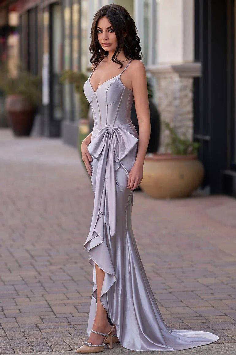 Hot Pink Spaghetti Straps Mermaid Satin Long Corset Prom Dress with Bow