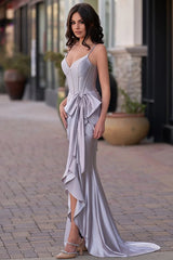 Hot Pink Spaghetti Straps Mermaid Satin Long Corset Prom Dress with Bow