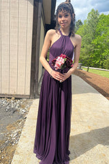 Plum Chiffon Halter Long Bridesmaid Dress