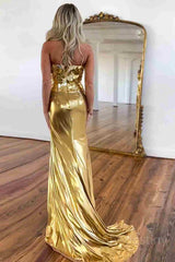 Cut Glass Mirror Strapless Gold Side Slit Long Prom Dress