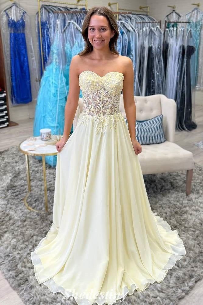 Sweetheart Yellow Applique Sequins Lace-up Prom Dress