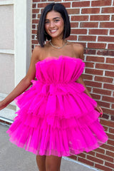 Magenta Tulle Strapless Tiered Party Dress with Ruffles