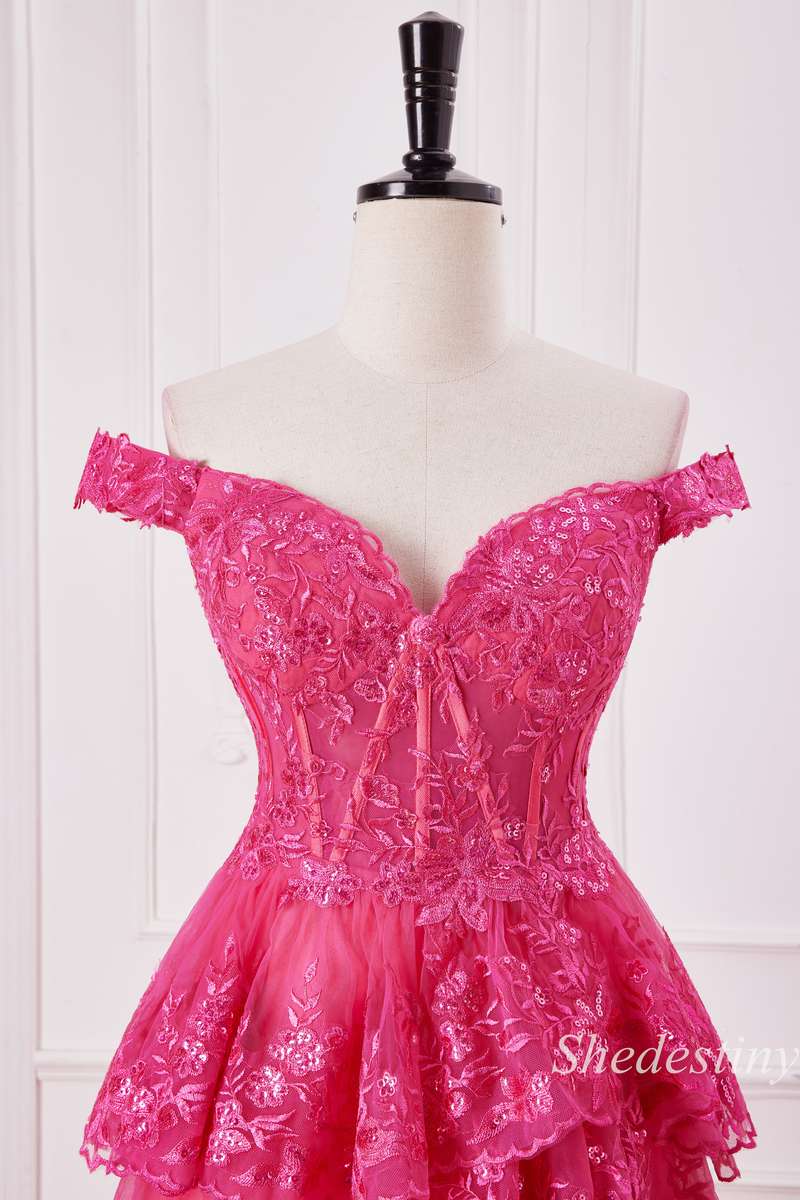 Fuchsia Floral Appliques Off-the-Shoulder Ruffle Tiered Gown