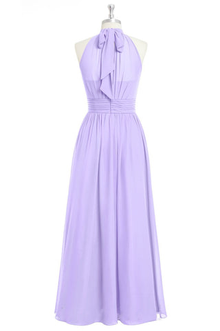 Lavender Halter Bow Tie A-line Chiffon Long Bridesmaid Dress with Slit