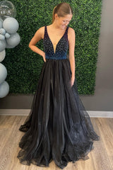 Black Beaded Open Back Long Formal Gown