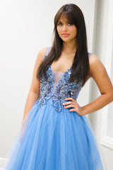 Blue Tulle Beaded Plunge V A-Line Long Formal Dress