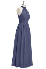 Navy Blue Halter Bow Tie A-line Chiffon Long Bridesmaid Dress with Slit