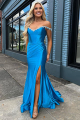 Royal Blue Rhinestone Off-the-Shoulder Long Prom Dress with Slit