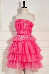 Hot Pink Strapless Tiered Short Homecoming Dress with Ruffles