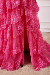 Fuchsia Floral Appliques Off-the-Shoulder Ruffle Tiered Gown