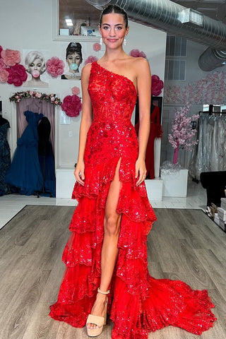 Red Tulle Sequin-Embroidery One-Shoulder Tiered Long Prom Dress with Slit