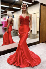 Satin Mermaid Red V-Neck Long Prom Dress with Applique Rhinestone