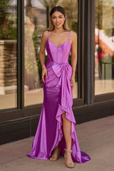 Hot Pink Spaghetti Straps Mermaid Satin Long Corset Prom Dress with Bow