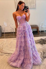 Glitter Lilac Sweetheart Sheer Corset Tiered Prom Dress with Slit