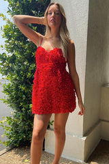 Red Floral Petal Appliques Sweetheart Short Party Dress