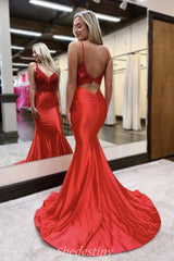 Mermaid Red V-Neck Satin Long Prom Dress with Applique Rhinestone
