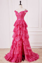 Fuchsia Floral Appliques Off-the-Shoulder Ruffle Tiered Gown