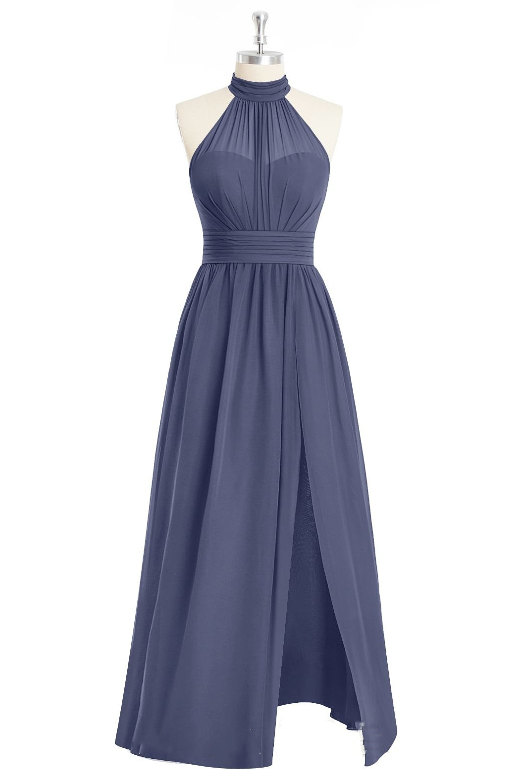 Navy Blue Halter Bow Tie A-line Chiffon Long Bridesmaid Dress with Slit