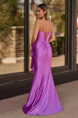 Hot Pink Spaghetti Straps Mermaid Satin Long Corset Prom Dress with Bow
