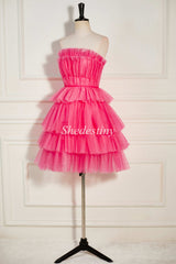 Hot Pink Strapless Tiered Short Homecoming Dress with Ruffles