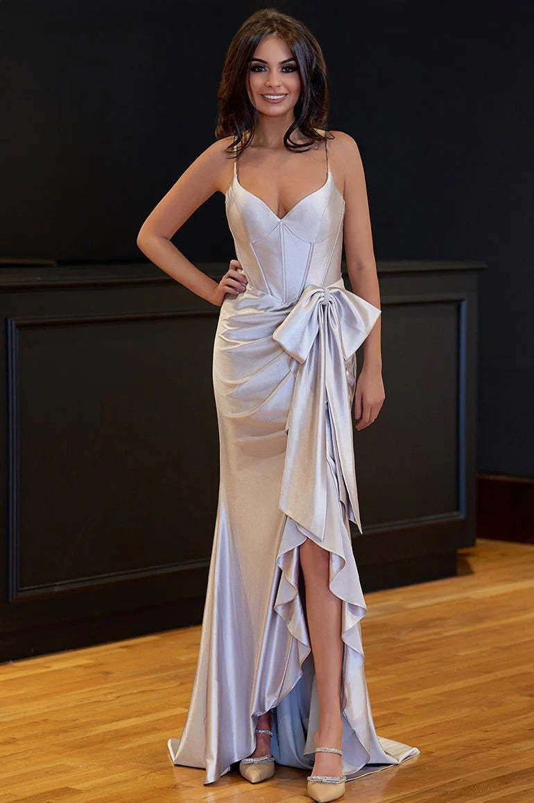Hot Pink Spaghetti Straps Mermaid Satin Long Corset Prom Dress with Bow