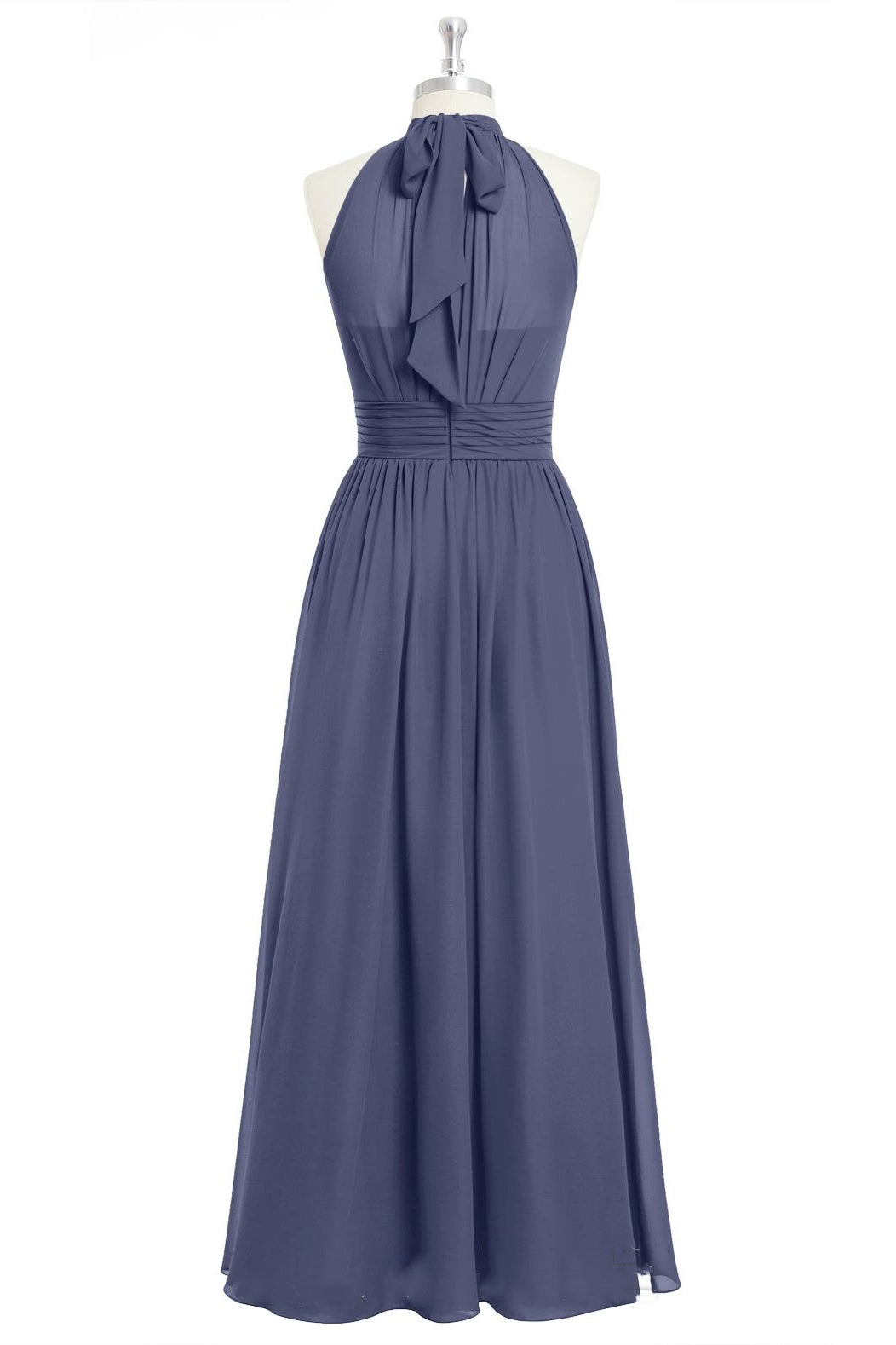 Navy Blue Halter Bow Tie A-line Chiffon Long Bridesmaid Dress with Slit