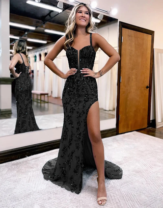 Black Sequins V-Neck Mermaid Slit Long Prom Dress with Applique