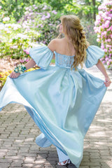 Light Blue Sweetheart Long Prom Dress with Detachable Sleeves