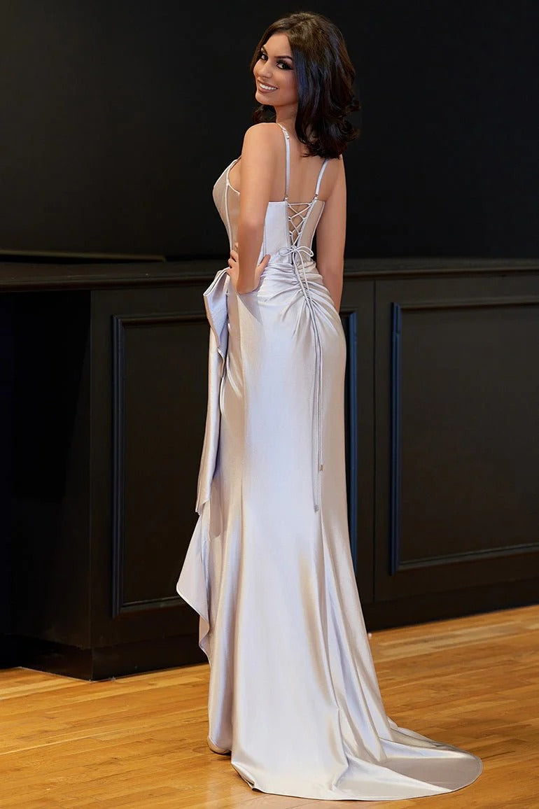 Hot Pink Spaghetti Straps Mermaid Satin Long Corset Prom Dress with Bow