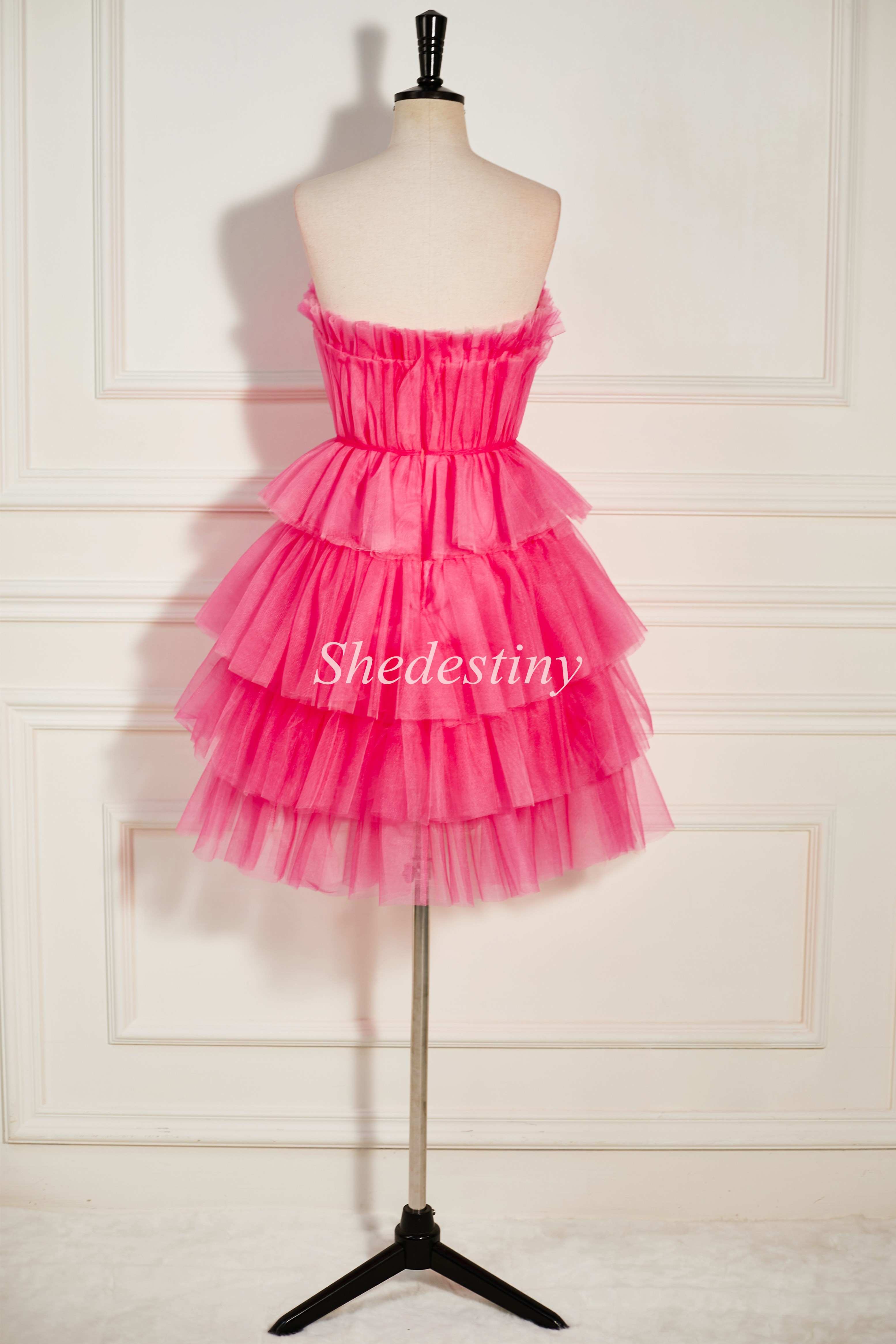 Hot Pink Strapless Tiered Short Homecoming Dress with Ruffles