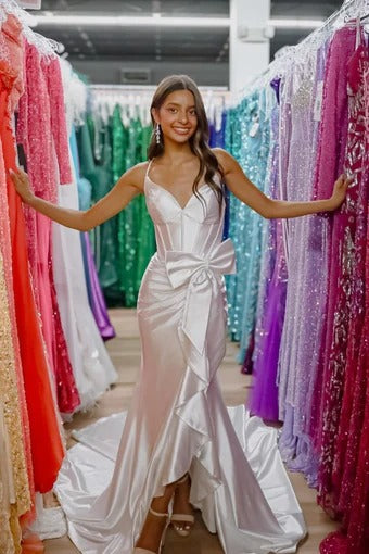 Hot Pink Spaghetti Straps Mermaid Satin Long Corset Prom Dress with Bow
