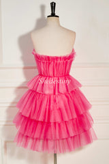 Hot Pink Strapless Tiered Short Homecoming Dress with Ruffles