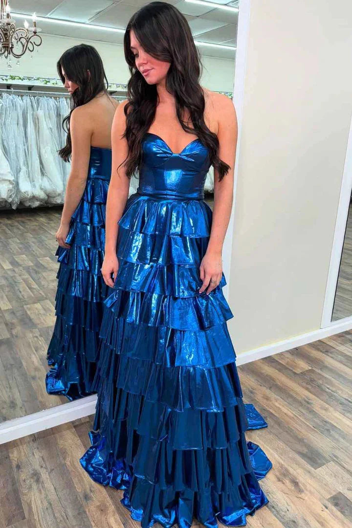 Spring Metallic Royal Blue Strapless Tiered Prom Dress