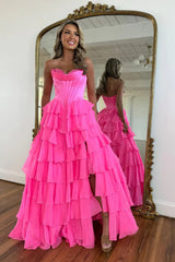 Hot Pink Exquisite Strapless Sweetheart A-Line Ruffles Dresses with Slit