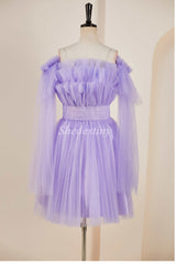 Lavender Strapless Tiered Short Homecoming Dress with Detachable Sleeves