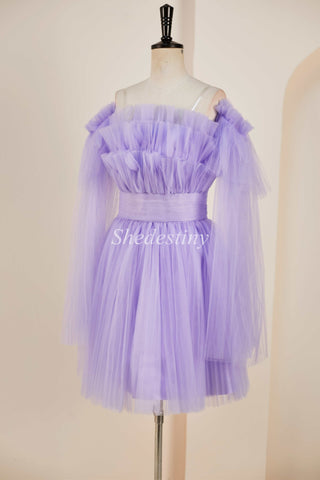 Lavender Strapless Tiered Short Homecoming Dress with Detachable Sleeves