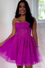 Hot Pink Appliques Strapless A-Line Short Homecoming Dress