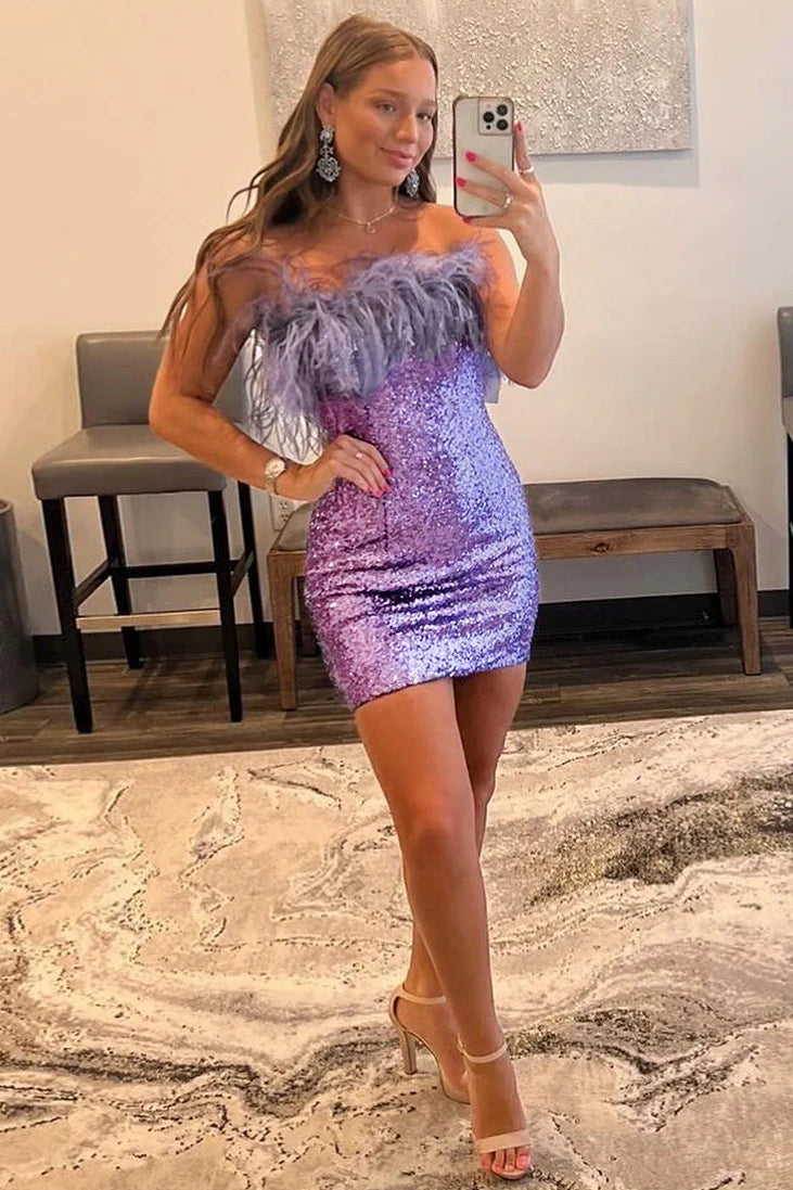 Blue Sequin Strapless Fitted Short Party Dress with Feathers