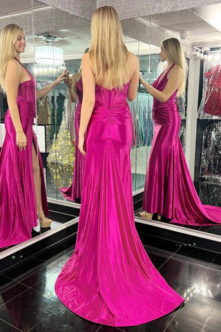 Magenta Halter Sheer Bodice Pleated Gown with Slit
